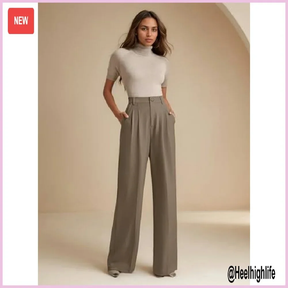 Women's Wide Leg Dress Pants High Waist Elastic Back Flowy Trousers - Picture 7 of 8